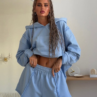 Blue casual style hooded sweatshirt shorts set - Thumbnail 3