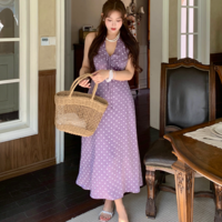 Plus Size Vintage Women's Purple Polka Dot Romantic Dress - Thumbnail 1