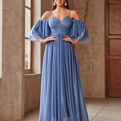 Elegant blue off-shoulder evening dress