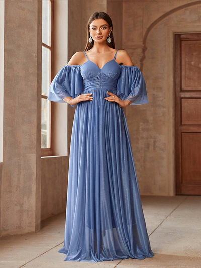 Elegant blue off-shoulder evening dress