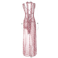 Sexy floral halter backless slit tie dress - Thumbnail 3