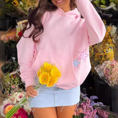 Star embroidery pastel color hoodie sweatshirt - Thumbnail 1