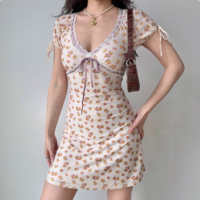 Lace-Pattern Lace-Up Printed Short-Sleeved Dress - Thumbnail 3