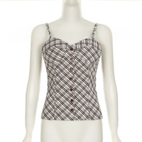 Vintage Brown Plaid Off-shoulder Suiting Vest - Thumbnail 5