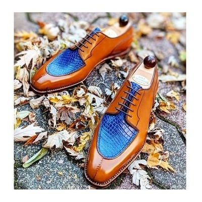 Handmade men cognac/blue crocodile leather alligator dress shoes