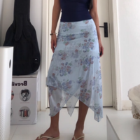 Retro blue printed irregular hem elastic mesh semi-transparent skirt - Thumbnail 1