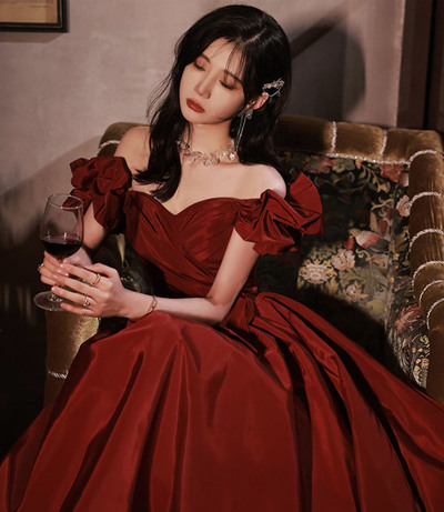 Burgundy satin long prom dress A line evening dress,1914