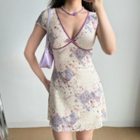 Sexy Deep V Neck Short Sleeve Lace Dress - Thumbnail 3
