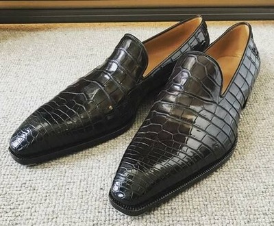 Handmade Men Black Crocodile/Alligator Leather Formal Dress Shoes