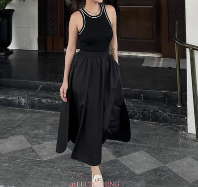 Casual contrast color stitching sleeveless round neck midi dress