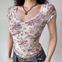 Retro Printed Lace Top Summer Short Sleeve T-Shirt - Thumbnail 1