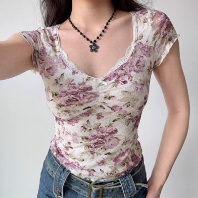 Retro printed lace top summer short sleeve t-shirt