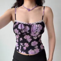 Retro flower print suspenders outerwear women's summer slim hottie top - Thumbnail 2