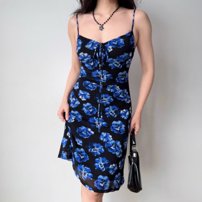 Retro blue printed suspender dress mid-length lace-up dress