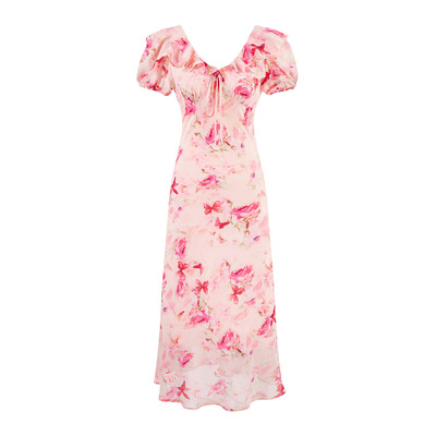 V-neck floral halter-back dress with lace-up front