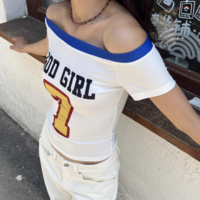 Retro digital and alphabet print one-shoulder short-sleeved T-shirt - Thumbnail 3