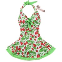 Women Strawberry Swim Dress Bandage Bikini Set Halter Lace Cross Back Swimsuit - Thumbnail 3