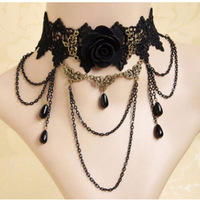 Black Lace Necklace Women Girl Boho Crystal Tassel Sexy Lace Choker Jewelry Gift - Thumbnail 4