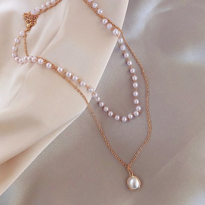 Fashion Pearl Dainty Adjustable Double Layer Chain Pendant Necklaces 