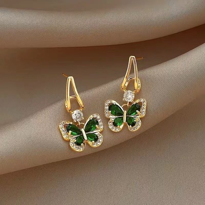 Vintage green crystal butterfly drop earrings for women jewelry?gift