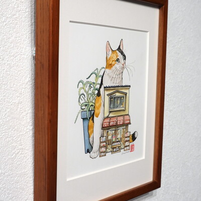"nekomachi: used books shop" original watercolor
