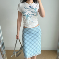 White straight shoulder short-sleeved T-shirt with bow - Thumbnail 1