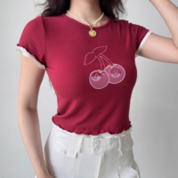 Retro Cherry Straight Shoulder Short Sleeve T-Shirt - Thumbnail 2