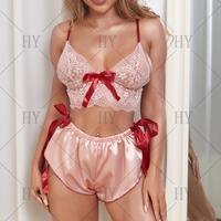 2 Piece Pajama Sets Lingerie Solid Color Bow Bandage Bra and Shorts Sexy  - Thumbnail 2