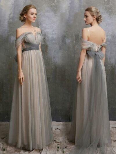 Cheap Bridesmaid Dress Off-the-shoulder Simple Silver Prom Party Gowns，1959