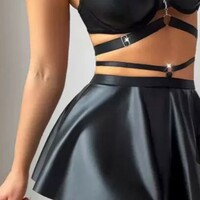 Lingerie Leather Underwear Halter Bra And Skirt Set Sexy Outfit  - Thumbnail 3