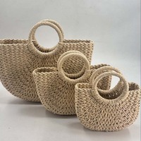  Ladies Vacation Carry-On Bag round Basket Bag Vintage Style Straw Woven Handbag  - Thumbnail 2