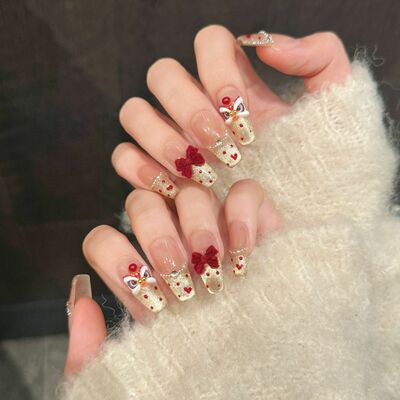 New Year Heart Cat Eye Fake Nails Red Bow Pearl Nail Art