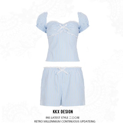 One-shoulder lace wave collar striped top low waist straight shorts sweet girl casual suit