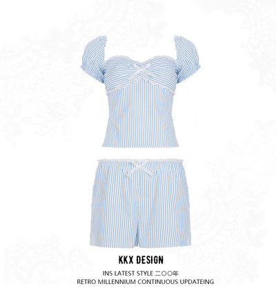 One-shoulder lace wave collar striped top low waist straight shorts sweet girl casual suit