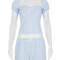 One-shoulder lace wave collar striped top low waist straight shorts sweet girl casual suit - Thumbnail 1
