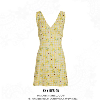 Fashion floral deep v-neck sleeveless waist dress