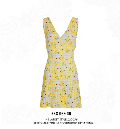 Fashion floral deep V-neck sleeveless waist dress