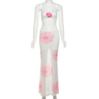 Fashionable sexy high waisted mesh printed skirt suit - Thumbnail 3