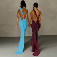 Summer new sexy backless pleated slim fit solid color sleeveless temperament dress - Thumbnail 3