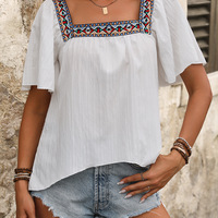 summer vacation lace embroidered square neck shirt  - Thumbnail 1