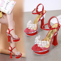 Women's Summer Waterproof Platform Glass Diamond Slope Heel Slippers - Thumbnail 2