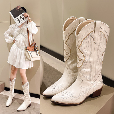  mid calf boots women's embroidered cowboy square heels boots pointed toe platform boots
