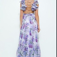  Summer Floral Print Chiffon Long Dress Elegant High Waist Pleated Women Party Dress - Thumbnail 5