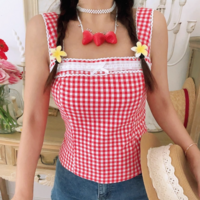 Retro style cute bow check lace patchwork slim fit top - Thumbnail 5