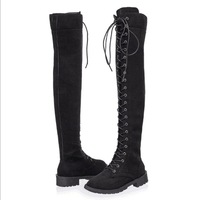 Lace-up Knee High Boots Zipper Low Boots - Thumbnail 4