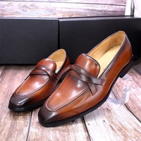 Men's top layer cowhide casual leather shoes slip-on business loafers 2 colors - Thumbnail 1