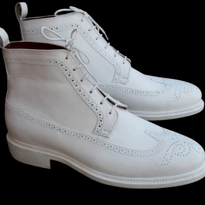 Crafted leather handmade men classic white leather ankle high lace up wingtip dress boot