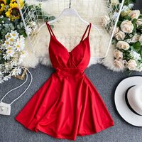 Women V-neck backless solid color suspender dress - Thumbnail 3