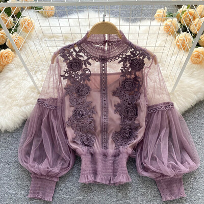 Korean style summer elegant lace blouses casual long sleeve tops