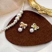 Women Fashion Elegant Pink Bow With Pearl Studs Earring /ear Clips - Thumbnail 2